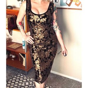 Tatyana Black Velvet Gold Sequin Floral Wiggle Dress Pinup Cocktail Womens Small